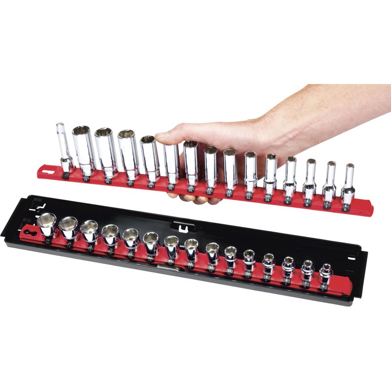 Ernst Manufacturing 18-Inch Socket Boss 2-Rail 1/2-Inch-Drive Socket Organizer with Twist Lock Secure Hold and Toolbox Drawer Tray, Red - Made in USA - Image 2